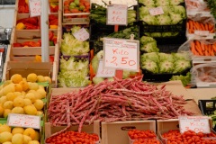 Vegetables and other stables for sale in the street market in Sachille, Italy