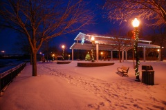 Holiday decorations adorn the structures in Riverfront Park, Yorkville, IL