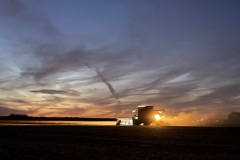 A soybean harvesting combine makes makes its way through a field
